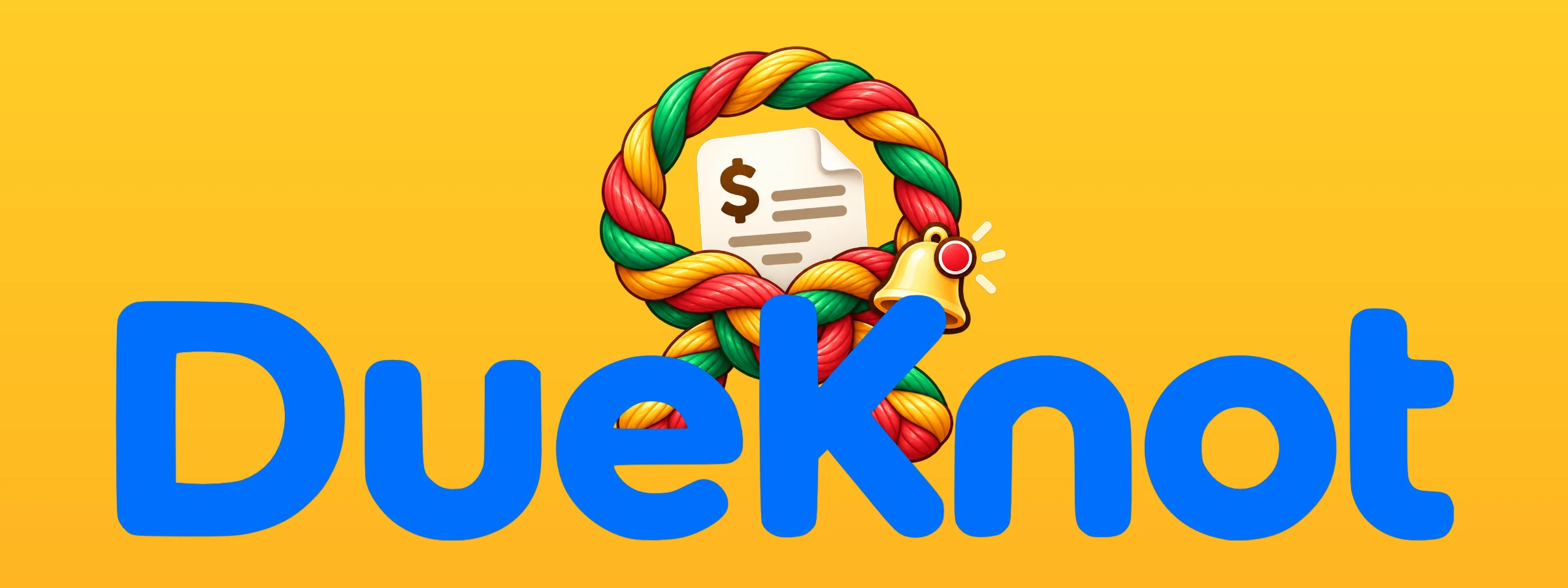 DueKnot logo and multi-color rope tied in a knot with a bill in the middle of the knot and a bell on the right side of the knot with a yellow background